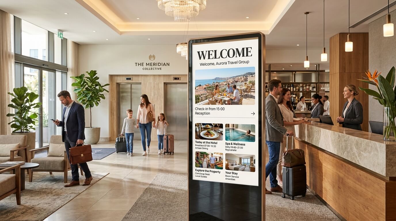 Hotel lobby welcome display showing check-in information, guest messages and property highlights