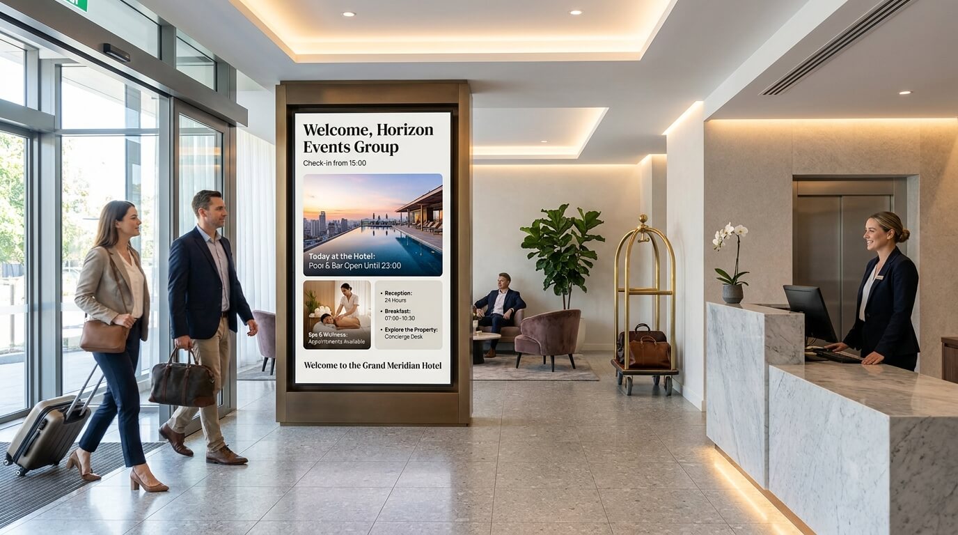 Hotel lobby welcome display showing personalised guest messages, check-in details and property highlights