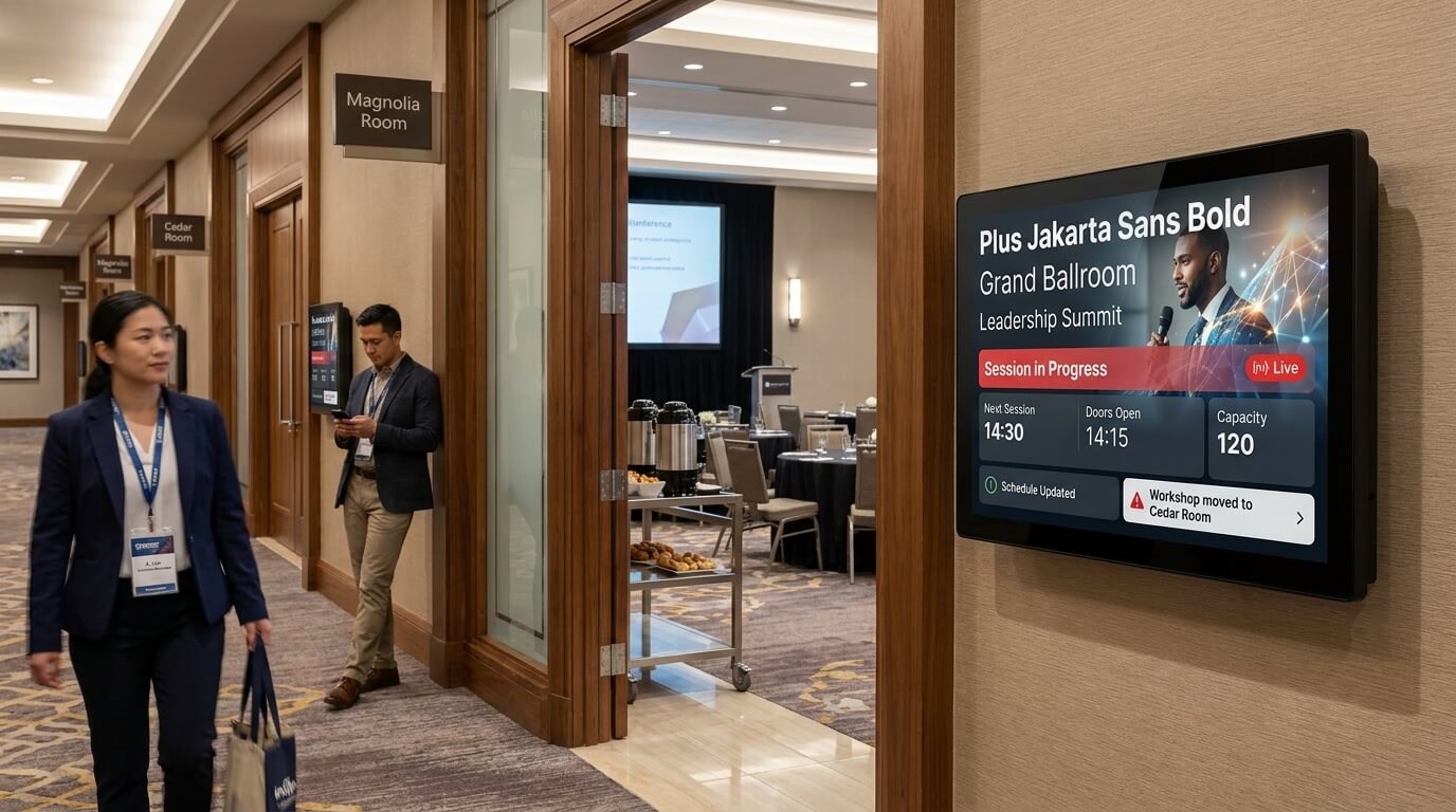 Hotel meeting room display showing live event schedules, room assignments and session details