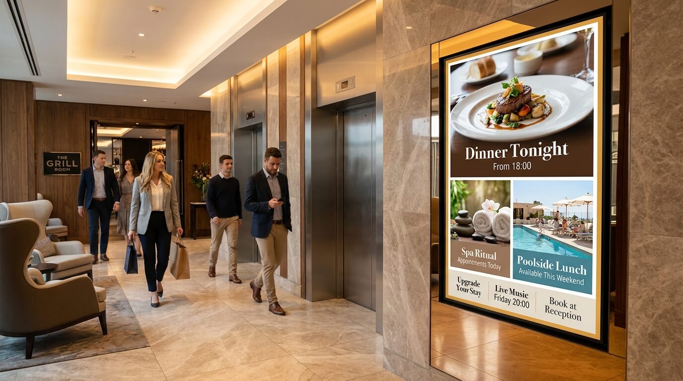 Hotel promotional screen advertising dining specials, spa offers and on-site experiences