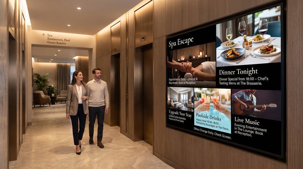 Hotel promotional screen advertising spa bookings, dining offers, room upgrades and events