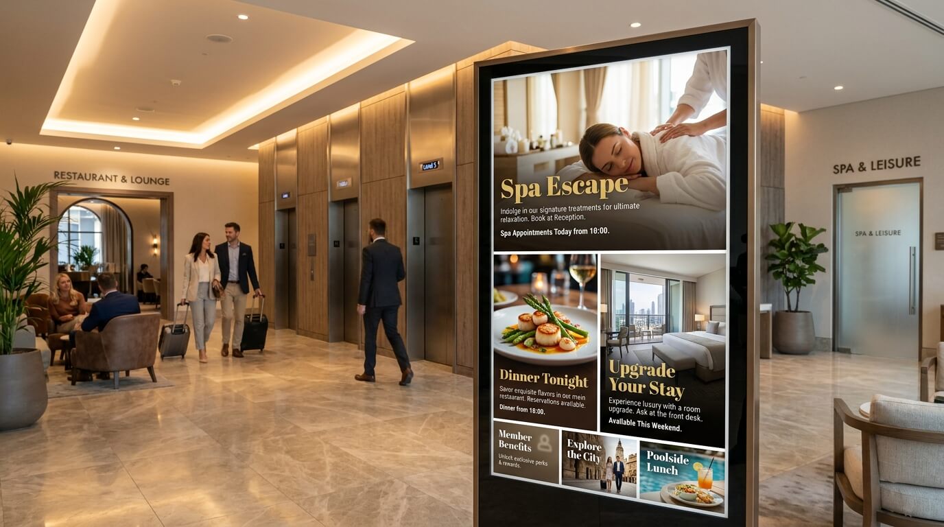 Hotel promotional screen advertising spa offers, dining, loyalty benefits and local activities