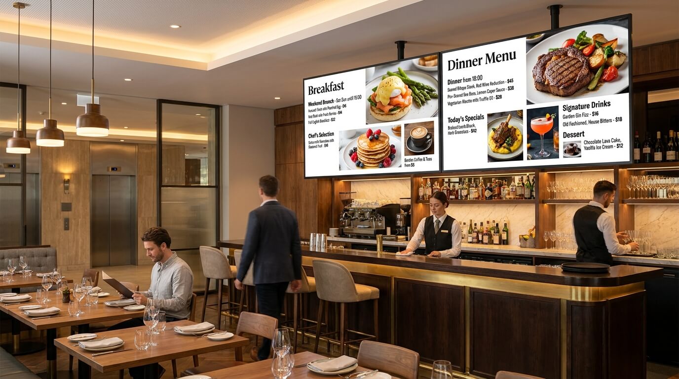 Hotel restaurant digital menu boards displaying food, drinks, daily specials and pricing