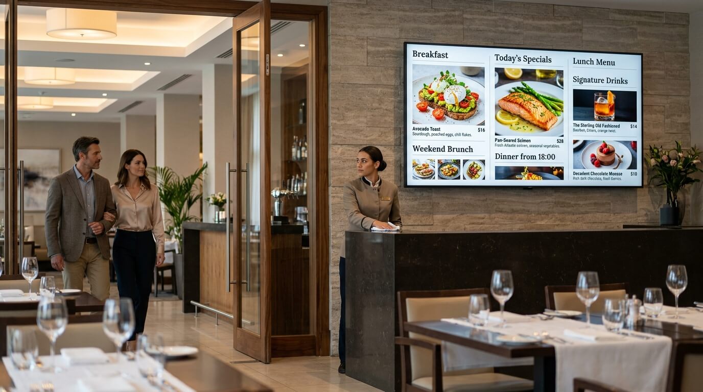 Hotel restaurant digital menu displaying breakfast options, daily specials, drinks and pricing