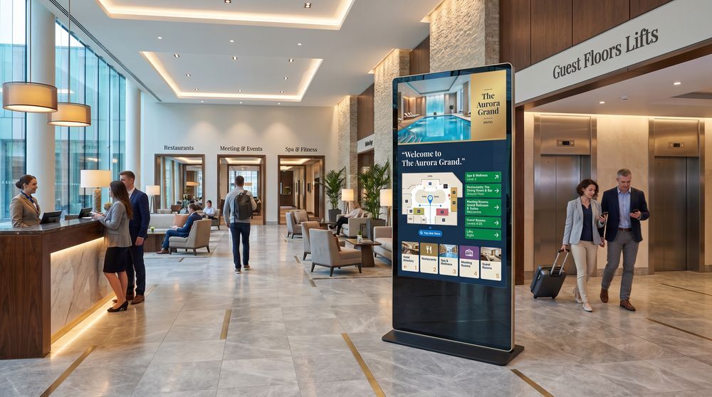 Hotel wayfinding screen displaying directions to guest rooms, restaurants, spa and meeting areas