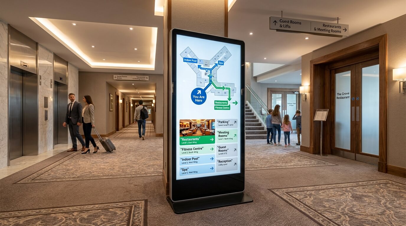 Hotel wayfinding screen showing directions to restaurants, pool, gym, parking and guest areas