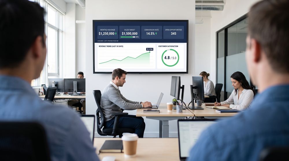 KPI dashboard displaying live sales and business performance metrics in an office