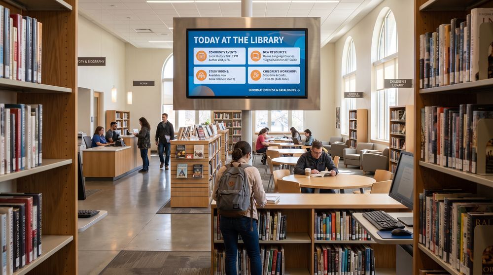 Library digital signage displaying community events and visitor information