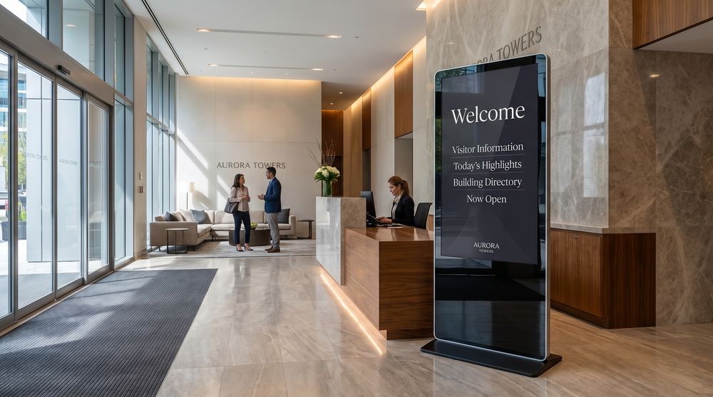 Lobby digital signage displaying welcome content and visitor information at a building entrance