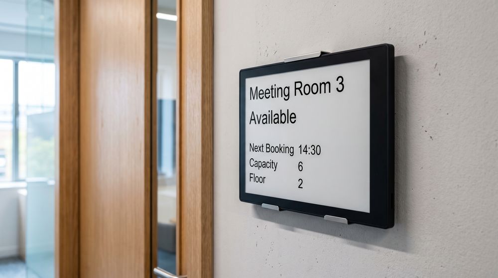 Low-power e-paper display showing room availability and booking information