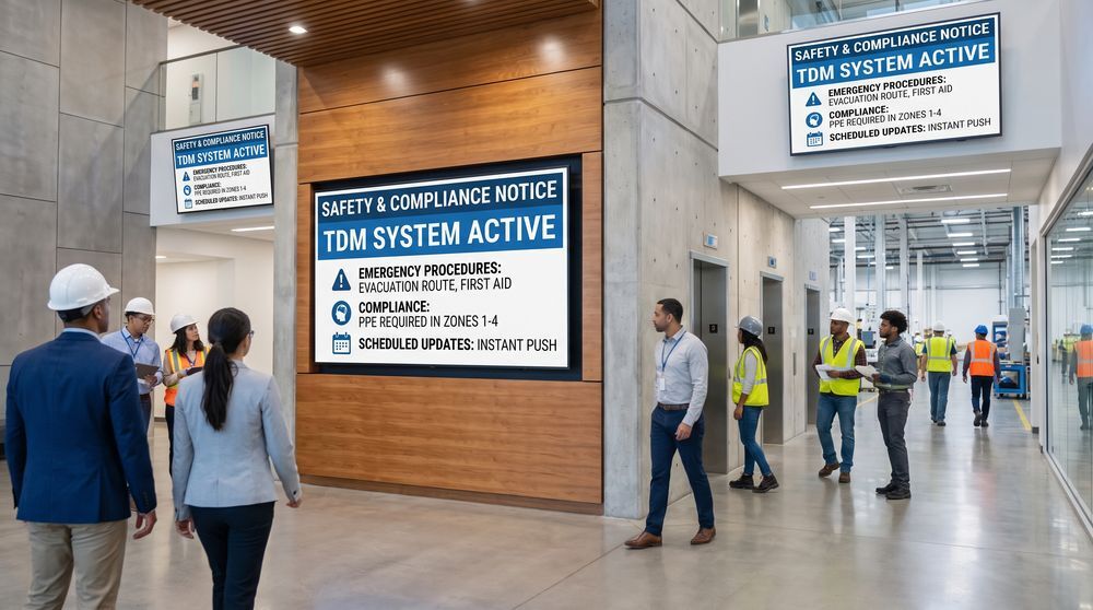 Manufacturing safety screen displaying compliance notices, emergency instructions and PPE reminders
