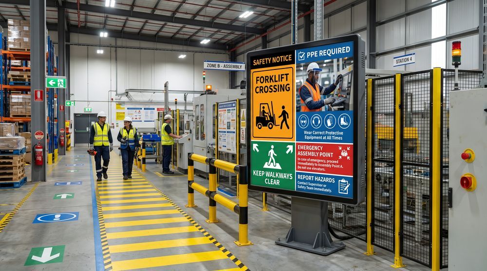 Manufacturing safety screen displaying hazard warnings, PPE requirements and emergency procedures