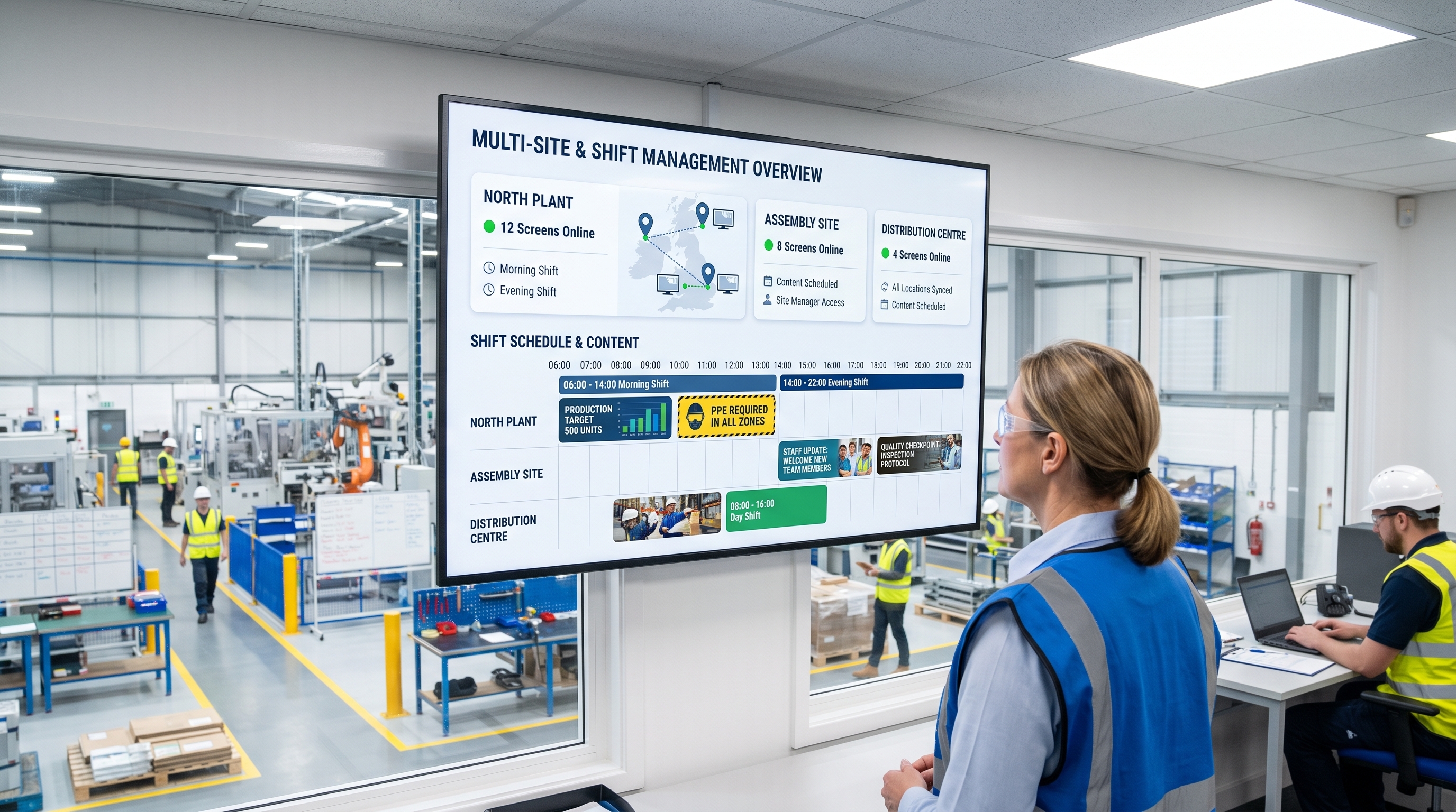 Manufacturing signage management screen showing scheduled content across multiple sites and shifts