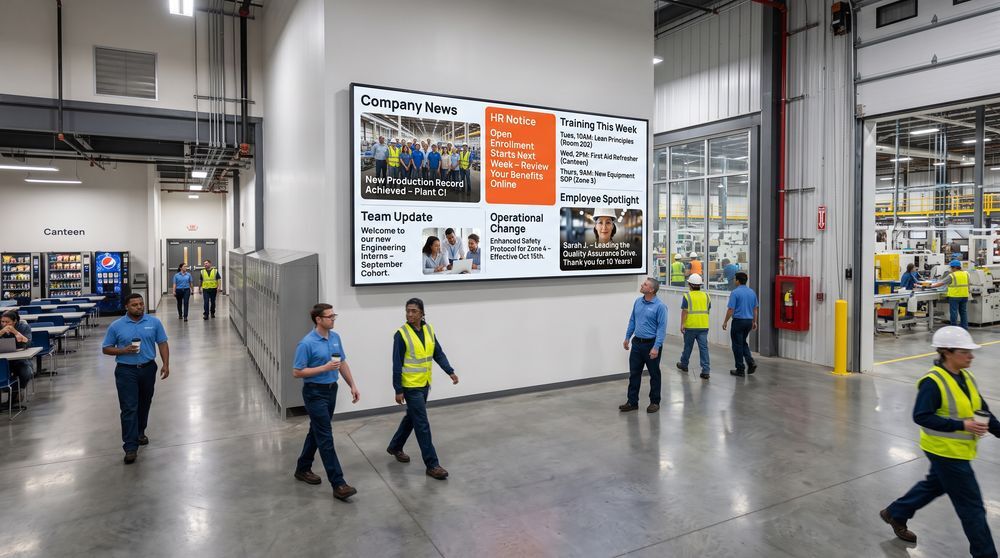 Manufacturing staff screen displaying company news, HR updates and operational announcements