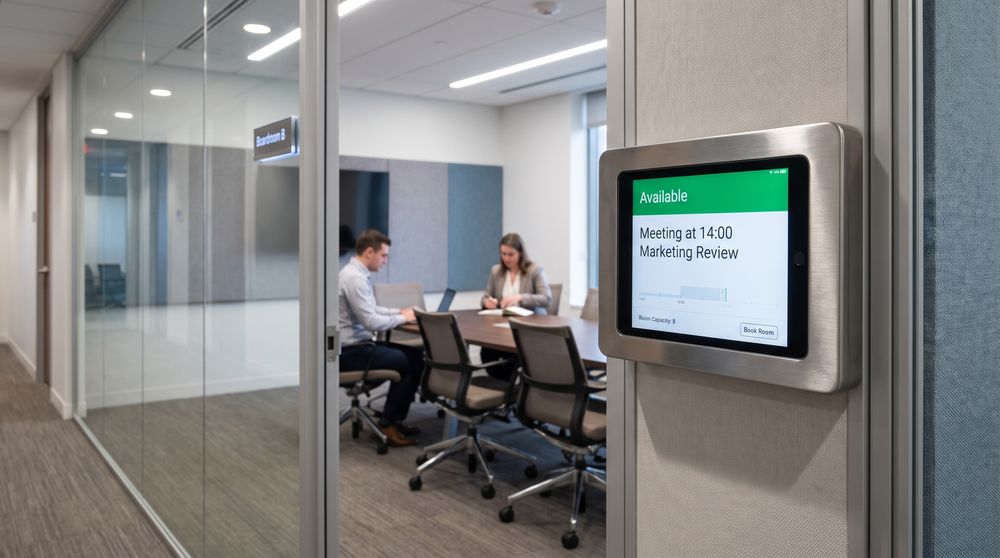 Meeting room display showing availability, booking status and scheduled meeting details