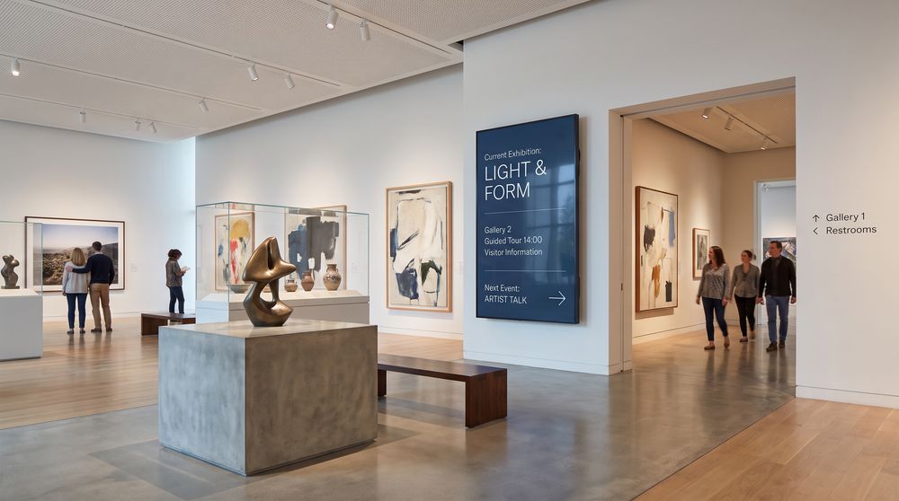 Museum digital signage displaying exhibit information and gallery directions