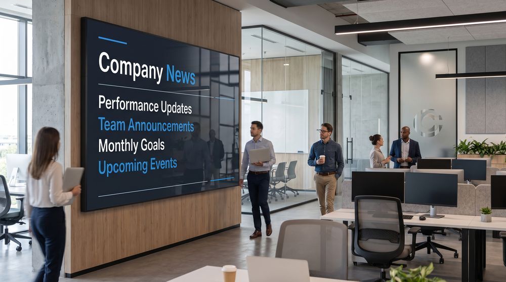 Office digital signage screen showing company news and internal communications