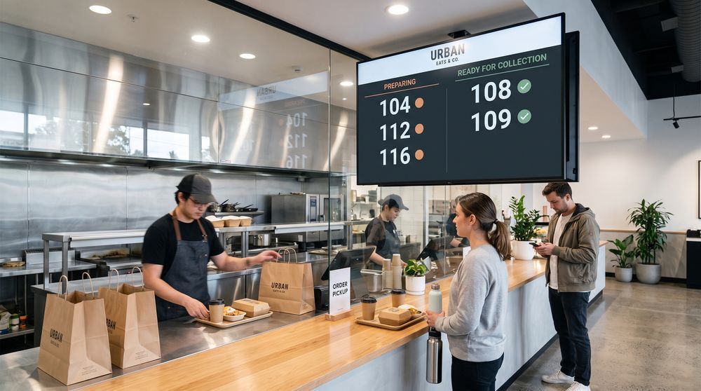 Order status screen showing preparing and ready order numbers above a restaurant collection counter