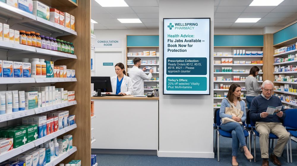Pharmacy digital signage displaying health guidance, prescription collection information and promotions