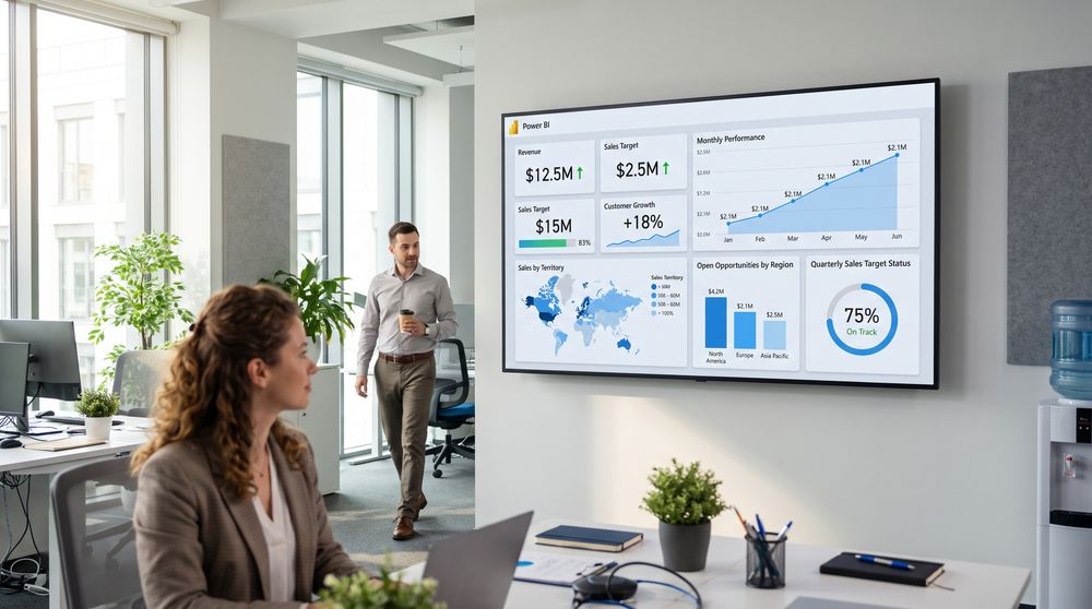 Power BI dashboard displaying live sales and business performance data on an office screen