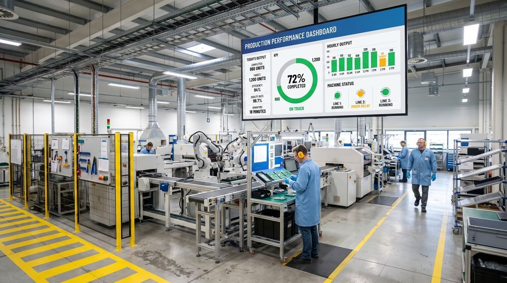 Production KPI screen displaying live output targets, downtime and efficiency metrics near a manufacturing line