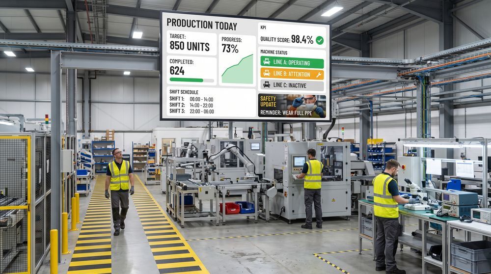 Production floor screen displaying live targets, machine status, shift schedules and quality metrics