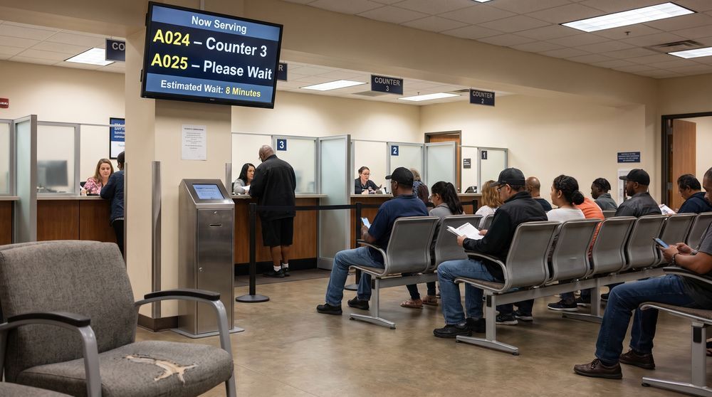 Queue management display showing ticket numbers, service counters and estimated wait time