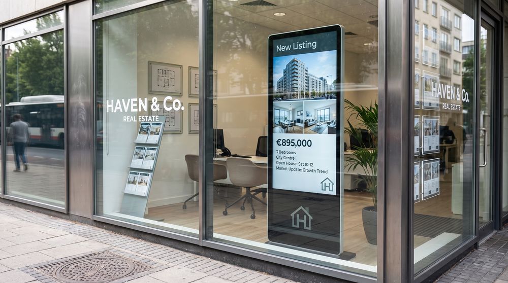 Real estate agency window screen displaying property listings and market information