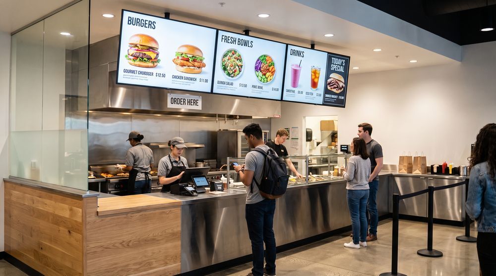 Restaurant digital menu boards displaying food items, prices and daily specials above an ordering counter