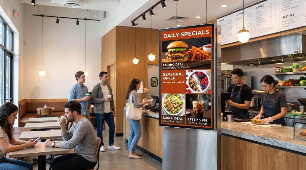 Restaurant promotional display showing daily specials, combo deals and seasonal offers