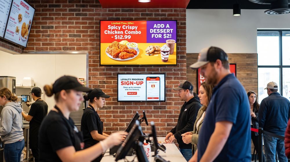 Restaurant promotional screen displaying meal deals, limited-time offers and upsell content near the counter