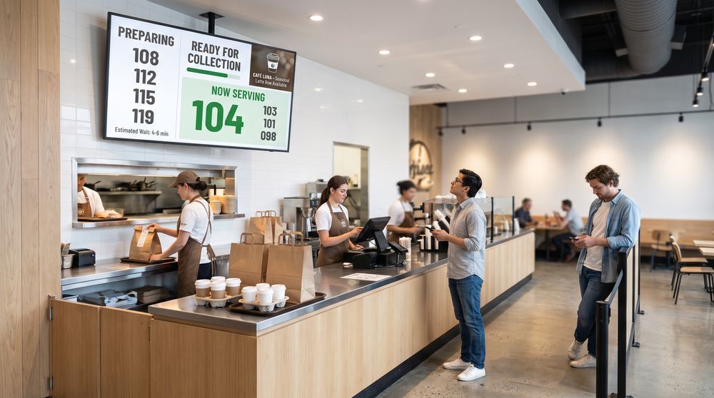 Restaurant queue and order screen showing wait times and order status above a collection counter