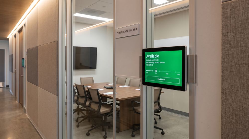 Room availability screen showing an available meeting room and its next scheduled booking