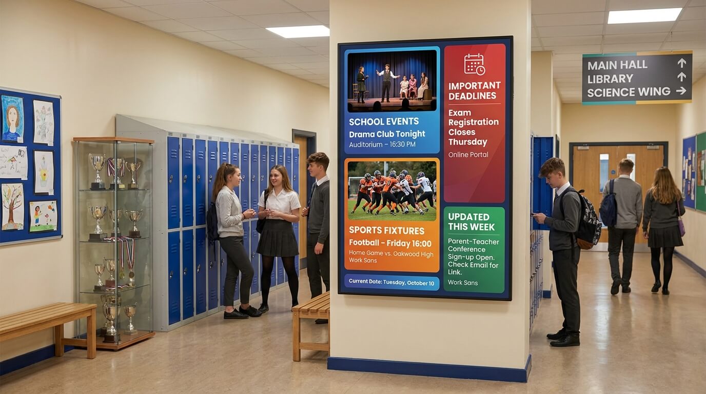 School announcement screen displaying events, sports fixtures and important deadlines