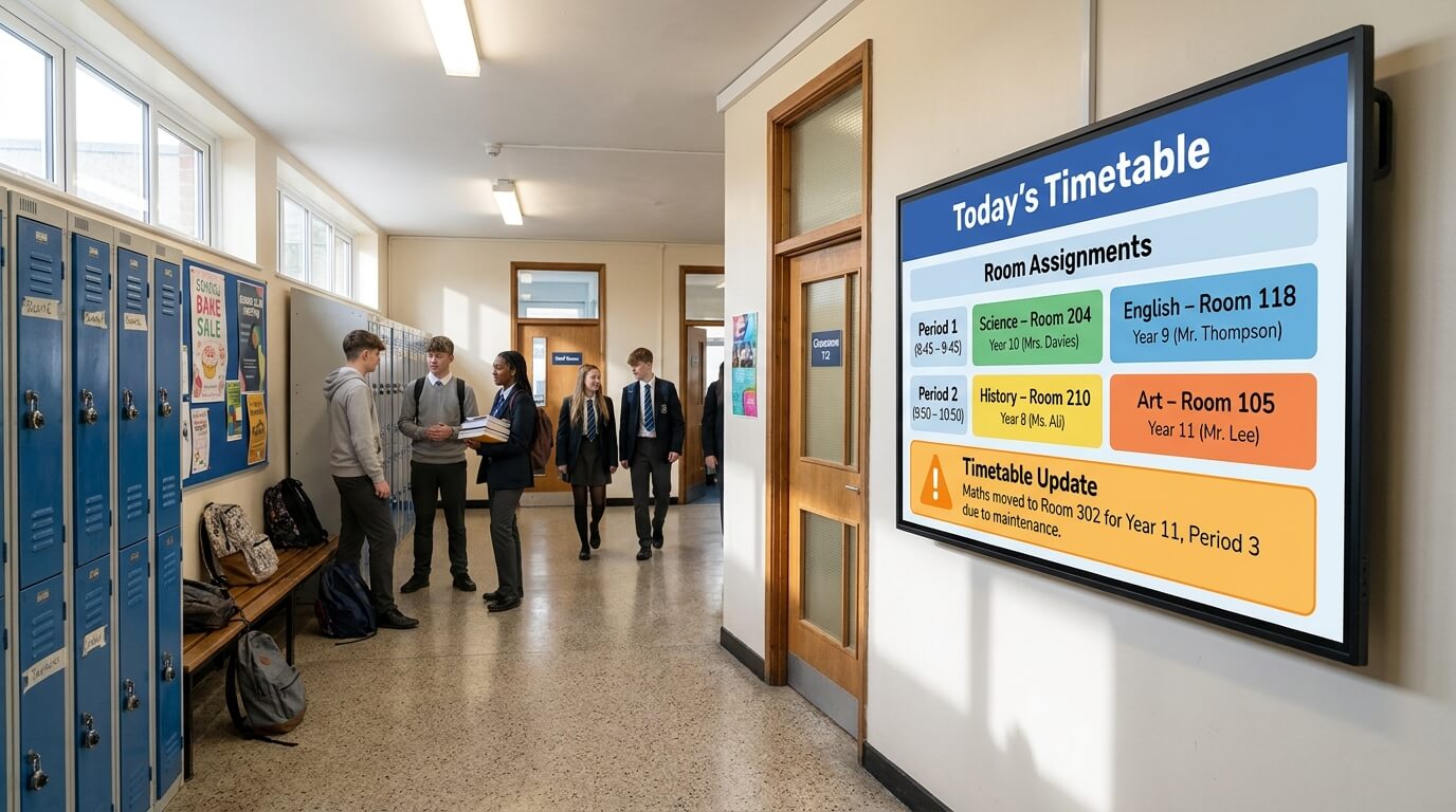 School digital signage displaying daily class schedules, room assignments and timetable changes