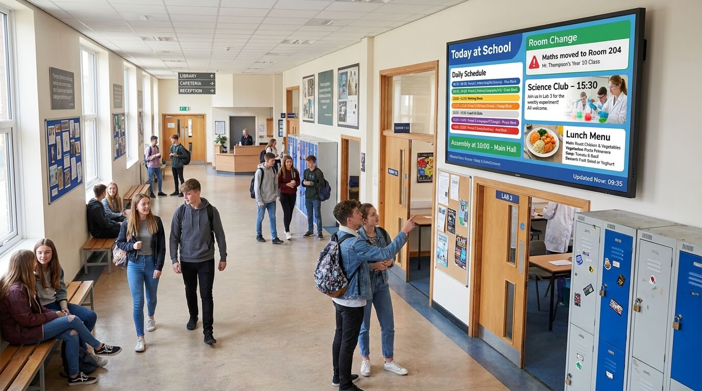School digital signage displaying daily schedules, room changes, event reminders and lunch information