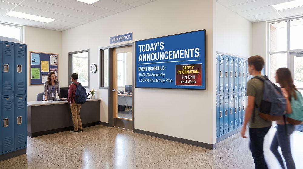 School digital signage screen showing announcements and event information in a corridor
