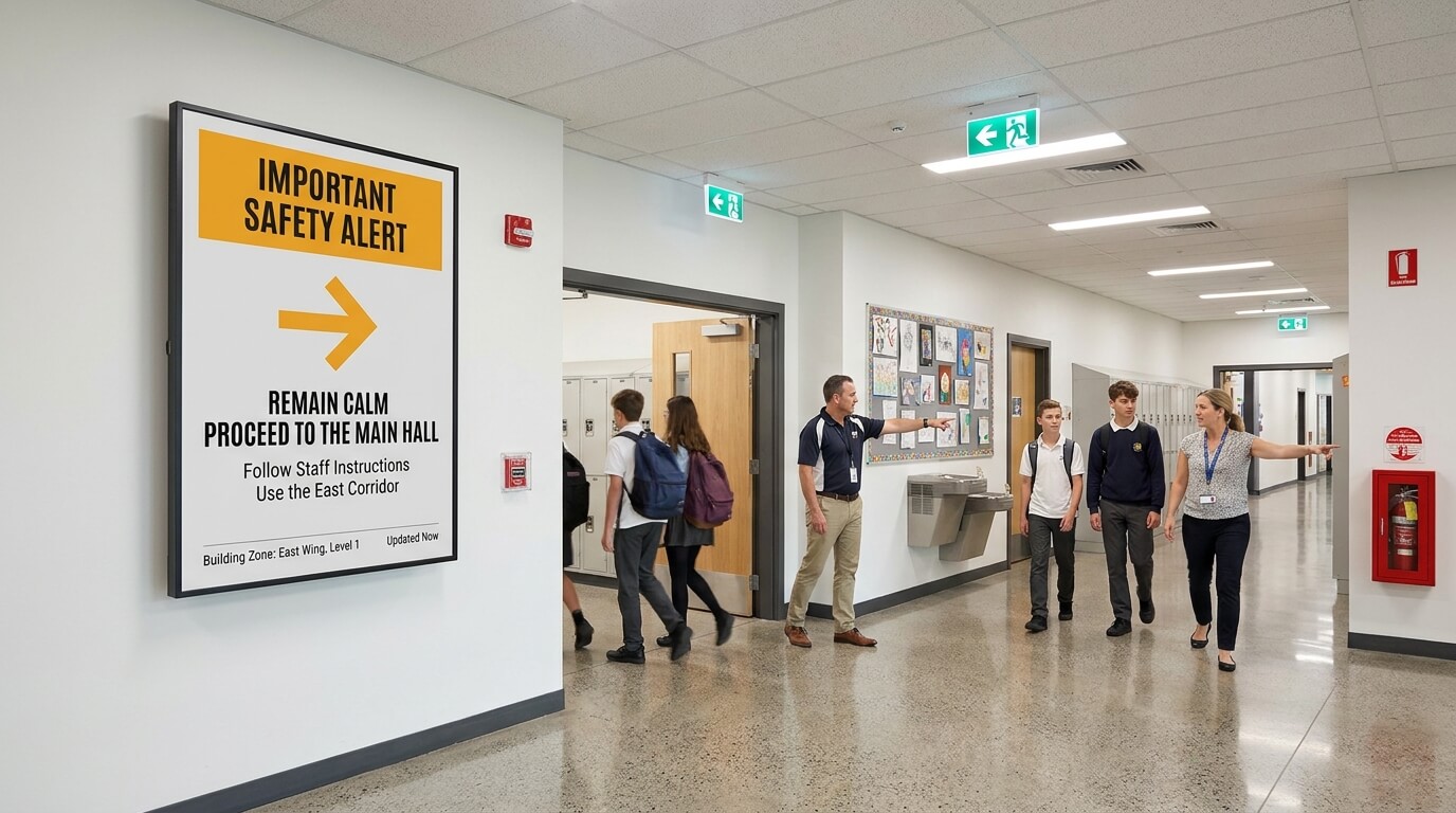 School emergency alert screen displaying urgent safety instructions and clear campus directions