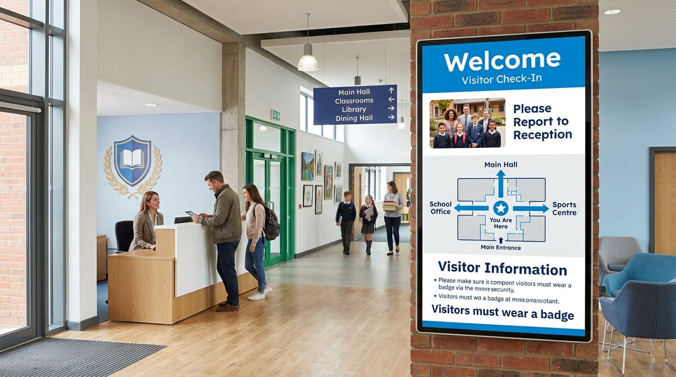 School entrance screen displaying visitor check-in instructions, directions and safety information