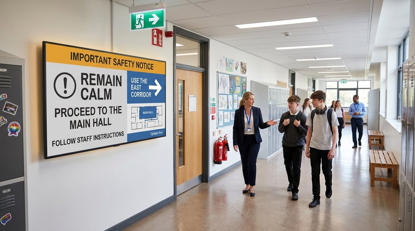 School safety screen displaying an urgent campus-wide notice and clear directions for students and staff