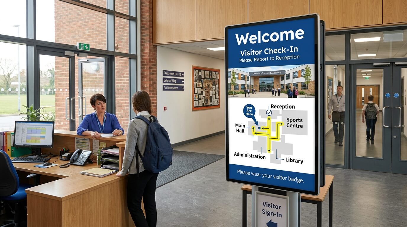 School wayfinding screen showing visitor check-in instructions and directions to key campus areas