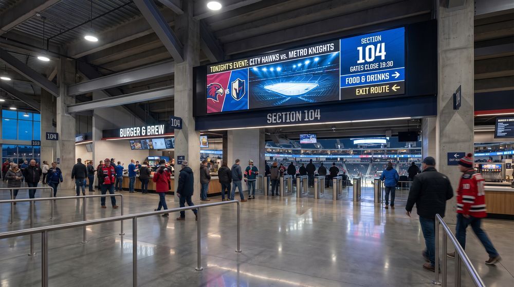 Stadium digital signage displaying event information and crowd directions in a venue concourse