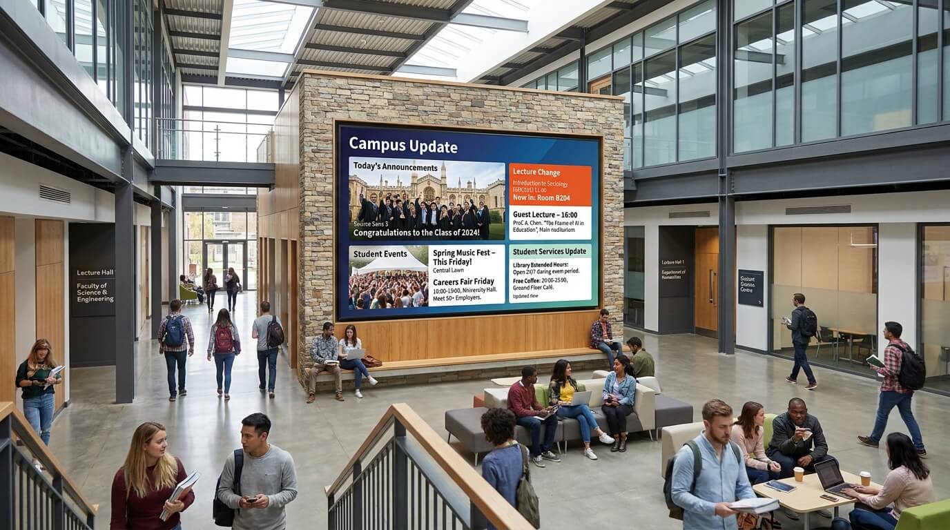 University campus screen displaying announcements, timetable changes and student event updates