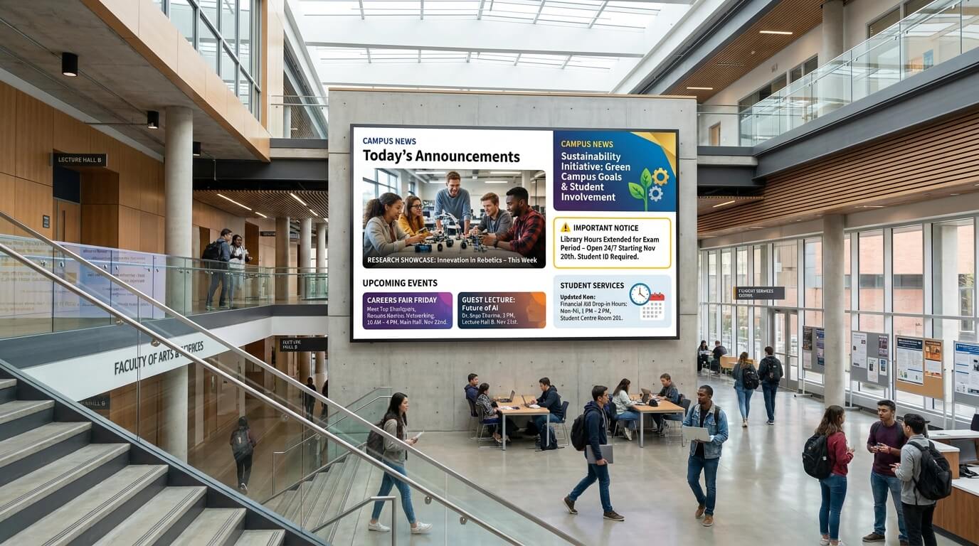 University campus screen displaying daily news, upcoming events and important announcements