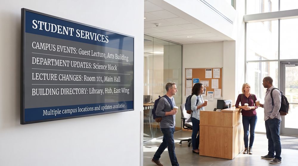University digital signage screen showing student services and campus information in a lobby