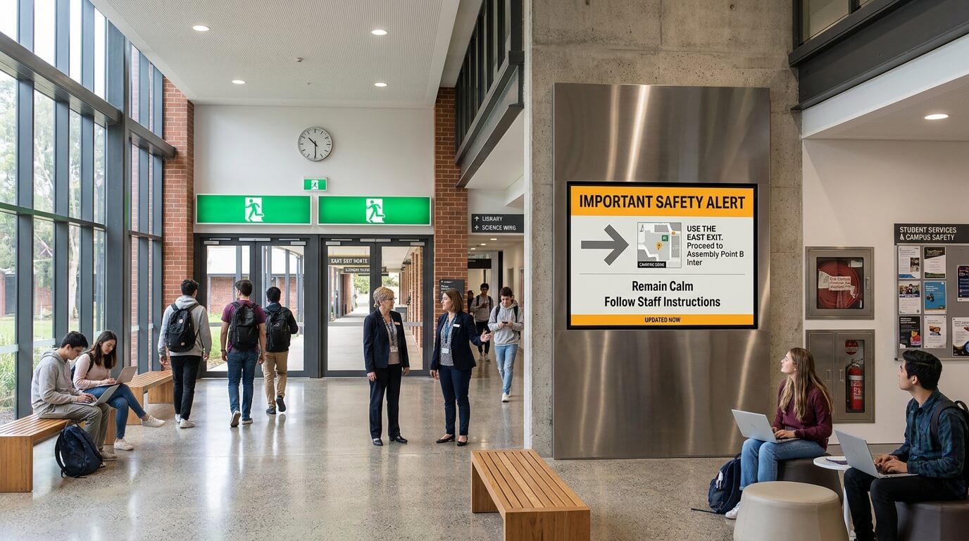 University emergency alert screen displaying urgent safety instructions and campus evacuation directions