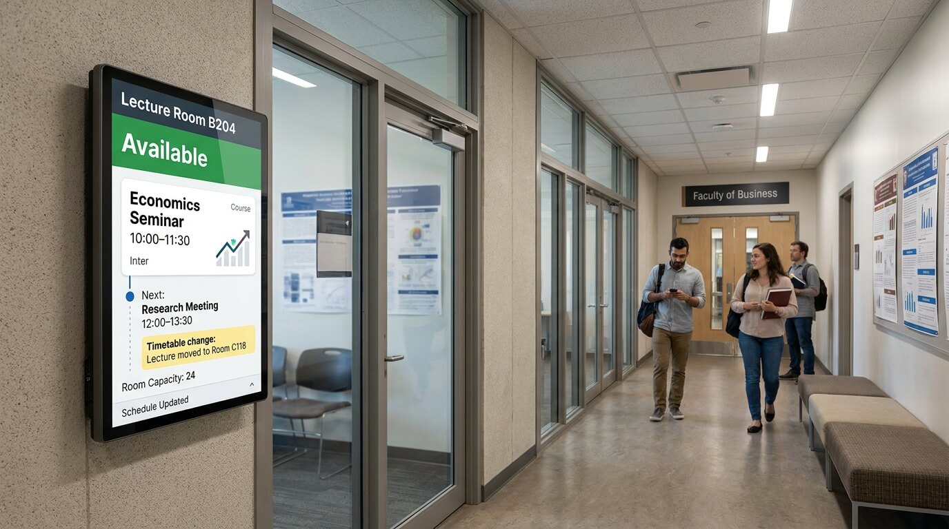 University room display showing class schedules, room bookings and timetable changes