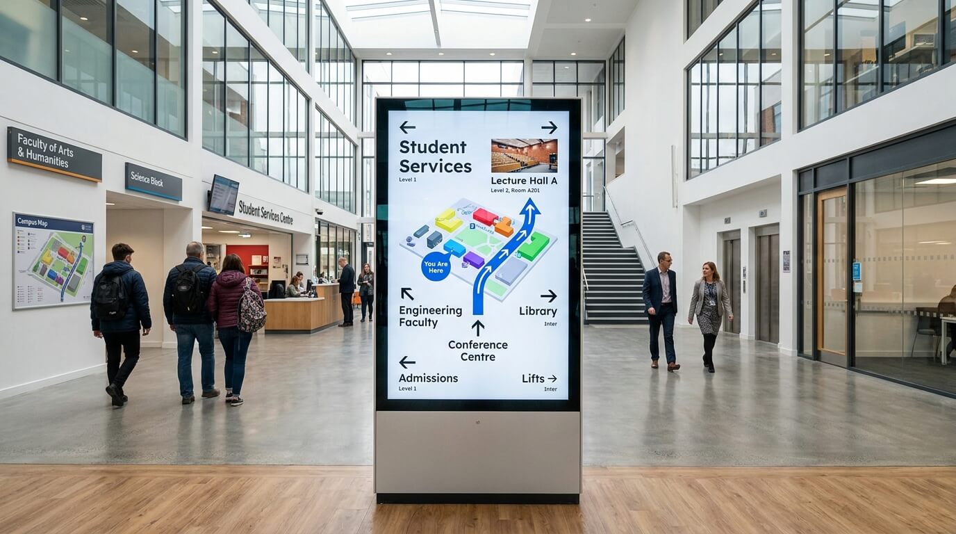 University signage platform managing content permissions across multiple departments and shared campus screens