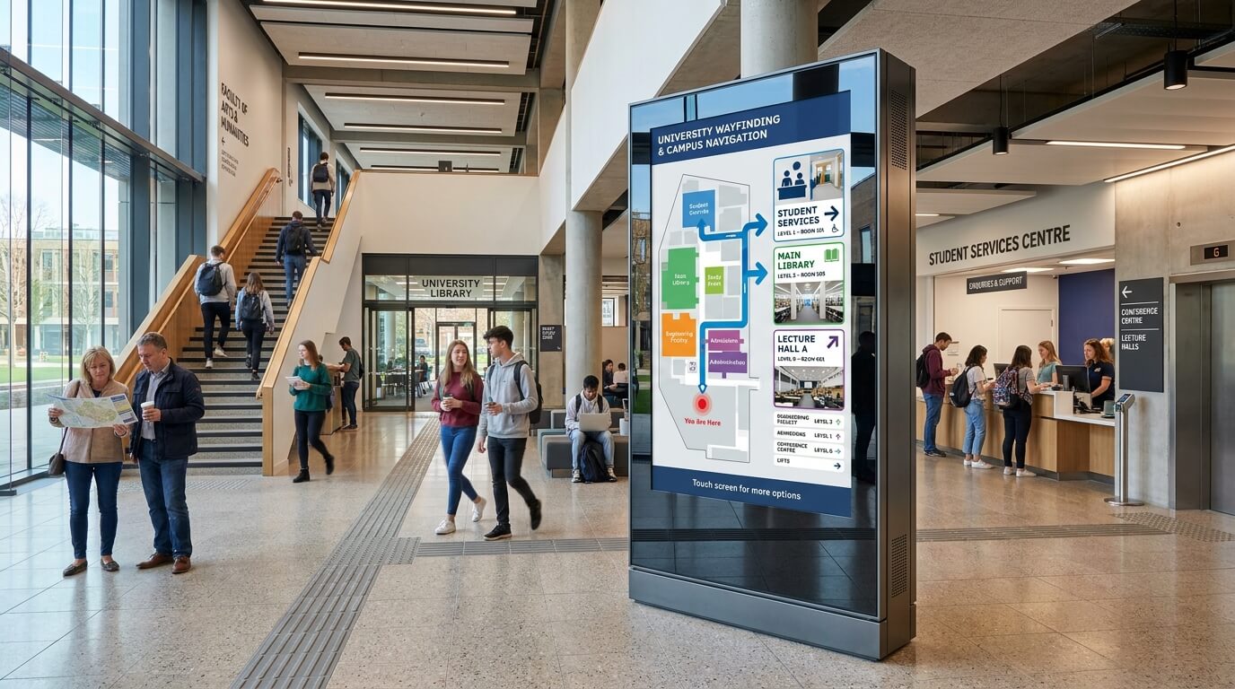 University wayfinding screen showing directions to lecture halls, faculties and student services