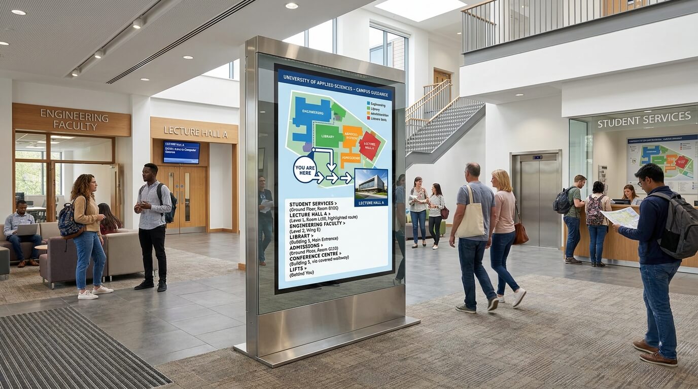 University wayfinding screen showing directions to lecture halls, student services and campus facilities